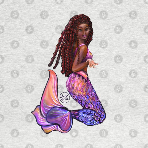 mermaid with flowing red locs #2,   Afro hair and caramel brown skin. Black mermaid by Artonmytee